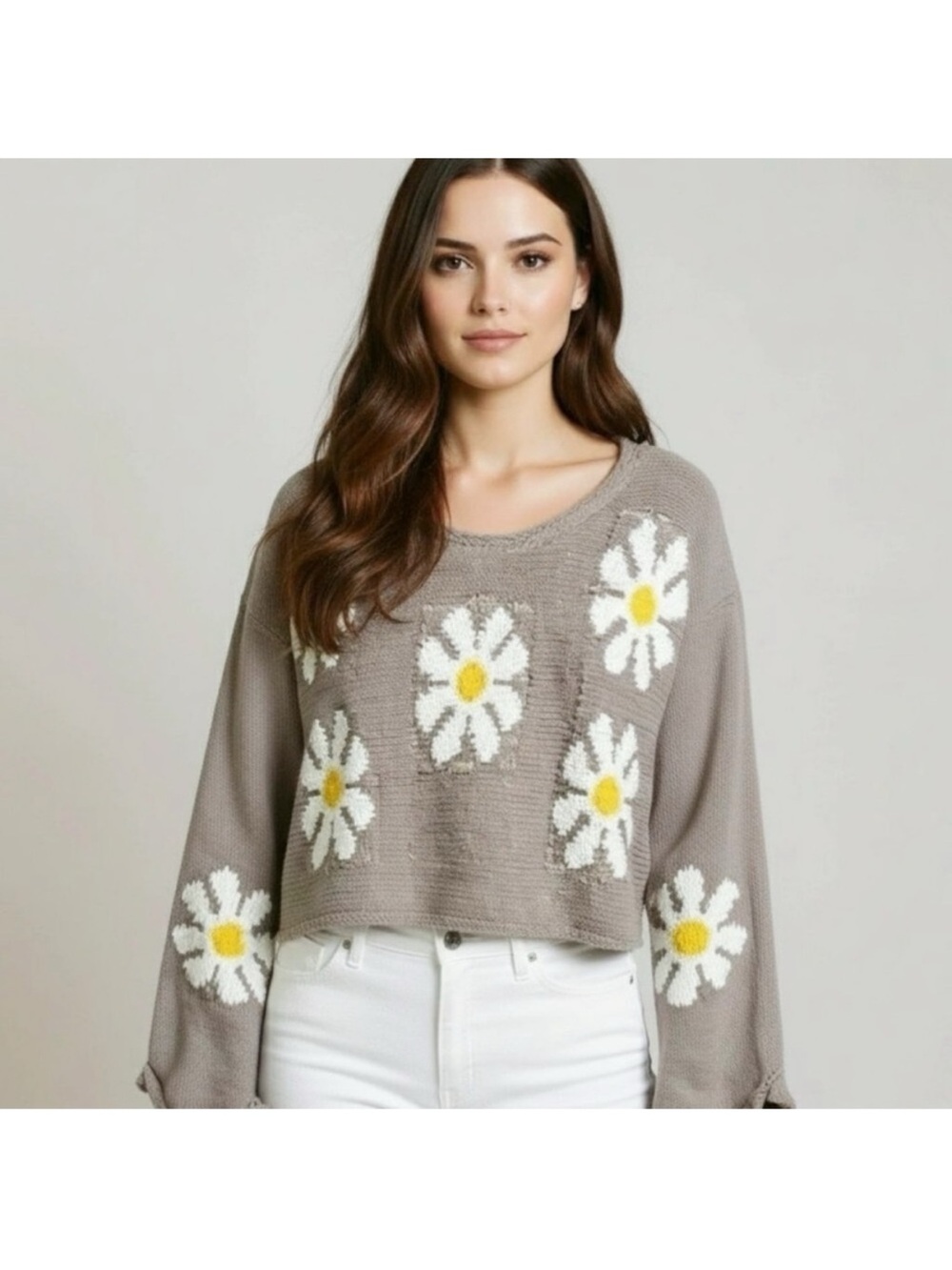 Gray Daisy Knit Sweater with White & Yellow Floral Accent
